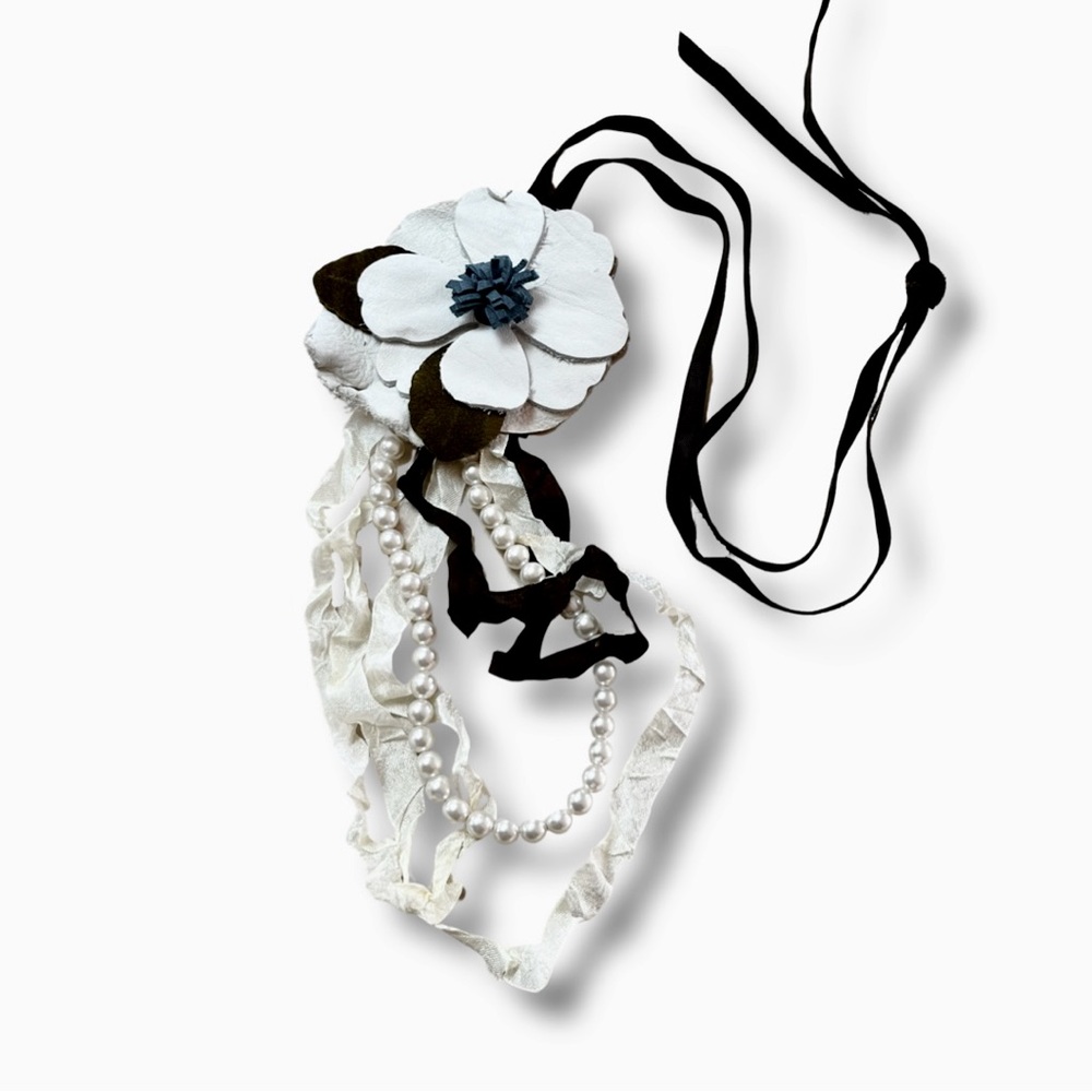White Leather Flower Necklace w/ Vintage Ribbons, Pearl Beads & Velvet Ribbons